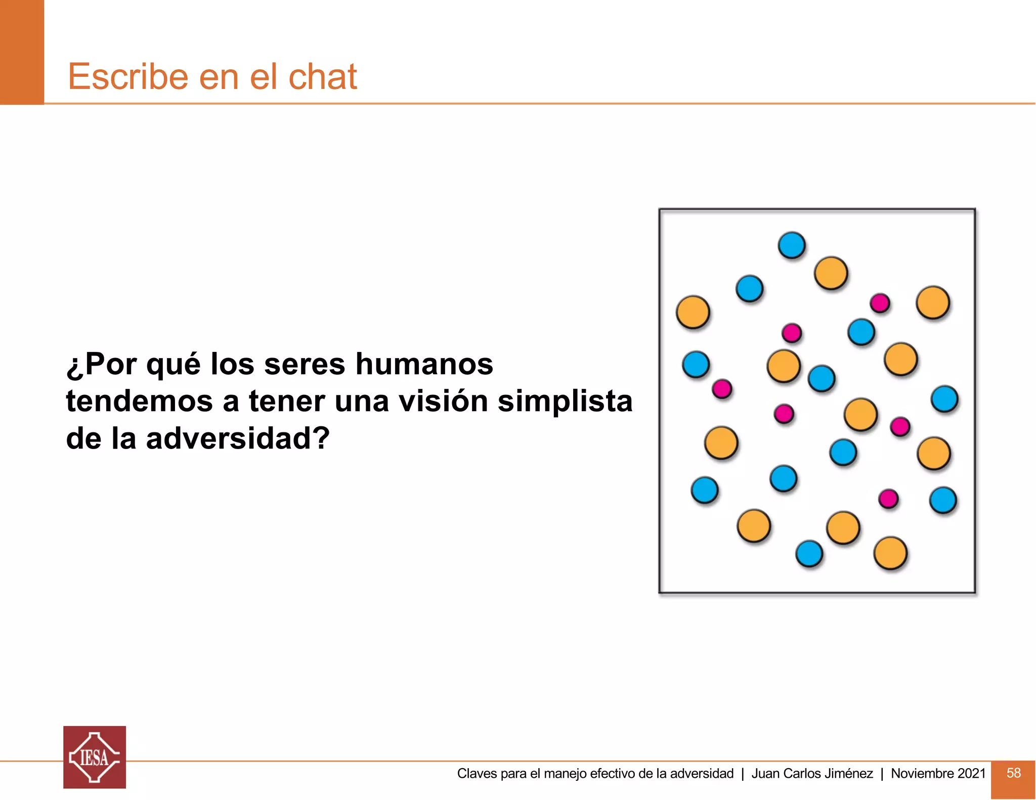 Claves para el manejo efectivo de la adversidad | Juan Carlos Jiménez | Noviembre 2021 58
Escribe en el chat
¿Por qué los seres humanos
tendemos a tener una visión simplista
de la adversidad?
 