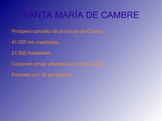 SANTA MARÍA DE CAMBRE
Próspero concello da provincia da Coruña

41.000 km cuadrados

21.500 habitantes.

Conviven zonas urbanas con zonas rurais.

Formado por 12 parroquias.
 