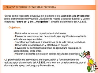 I. ORIGEN Y EVOLUCIÓN DE NUESTRA ECOESCUELA.
•Surge como respuesta educativa en el ámbito de la Atención a la Diversidad
con la elaboración del Proyecto Didáctico de Huerto Ecológico Escolar y Jardín
Integrado: “Entre col y col…margaritas”, dirigido al alumnado del A.E.E.E.
Objetivos:
oDesarrollar todas sus capacidades individuales.
oFavorecer la construcción de aprendizajes significativos mediante
actividades experienciales.
oTransferir aprendizajes a situaciones de la vida diaria y cotidiana.
oDesarrollar la socialización y el trabajo en equipo.
oFavorecer su sensibilización hacia la agricultura ecológica, la
sostenibilidad, entre otros.
oValorar el esfuerzo en relación con los resultados obtenidos.
•La planificación de actividades, su organización y funcionamiento es
realizada por el alumnado del A.E.E.E. y su tutora y, ocasionalmente, por el
alumnado de apoyo de Lengua y Matemáticas.
 