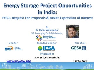Energy Storage Project Opportunities
in India:
PGCIL Request For Proposals & MNRE Expression of Interest
Presented at
IESA SPECIAL WEBINAR
WWW.INDIAESA.INFO JULY 30, 2014
By
Dr. Rahul Walawalkar
VP, Emerging Tech & Markets,
Director Executive Director Vice Chair
 