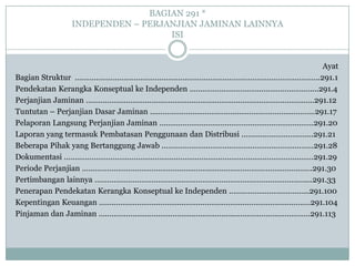BAGIAN 291 *
INDEPENDEN – PERJANJIAN JAMINAN LAINNYA
ISI
Ayat
Bagian Struktur ……………………………………………………………………………………………………..291.1
Pendekatan Kerangka Konseptual ke Independen …………………………………………………....291.4
Perjanjian Jaminan ………………………………………………………………………………………………291.12
Tuntutan – Perjanjian Dasar Jaminan ……………………………………………………………………291.17
Pelaporan Langsung Perjanjian Jaminan ……………………………………………………………….291.20
Laporan yang termasuk Pembatasan Penggunaan dan Distribusi …………………………….291.21
Beberapa Pihak yang Bertanggung Jawab ………………………………………………………………291.28
Dokumentasi ……………………………………………………………………………………………………….291.29
Periode Perjanjian ……………………………………………………………………………………………….291.30
Pertimbangan lainnya ………………………………………………………………………………………....291.33
Penerapan Pendekatan Kerangka Konseptual ke Independen ………………………………..291.100
Kepentingan Keuangan ……………………………………………………………………………………….291.104
Pinjaman dan Jaminan ……………………………………………………………………………………….291.113

 