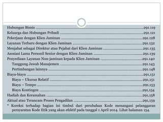 Hubungan Bisnis …………………………………………………………………………………………………291.119
Keluarga dan Hubungan Pribadi …………………………………………………………………………..291.121
Pekerjaan dengan Klien Jaminan …………………………………………………………………………291.128
Layanan Terbaru dengan Klien Jaminan ………………………………………………………………291.132
Menjabat sebagai Direktur atau Pejabat dari Klien Jaminan …………………………………..291.135
Asosiasi Lama Personil Senior dengan Klien Jaminan ……………………………………………291.139
Penyediaan Layanan Non-jaminan kepada Klien Jaminan …………………………………….291.140
Tanggung Jawab Manajemen ………………………………………………………………………….291.143
Pertimbangan lainnya …………………………………………………………………………………….291.148
Biaya-biaya ………………………………………………………………………………………………………...291,151
Biaya – Ukuran Relatif ……………………………………………………………………………………291,151
Biaya – Tempo ……………………………………………………………………………………………….291,153
Biaya Kontingen …………………………………………………………………………………………….291,154
Hadiah dan Keramahan ………………………………………………………………………………………291,158
Aktual atau Terancam Proses Pengadilan ……………………………………………………………..291,159
* Koreksi terhadap bagian ini timbul dari perubahan Kode menangani pelanggaran
persyaratan Kode Etik yang akan efektif pada tanggal 1 April 2014. Lihat halaman 154.

 