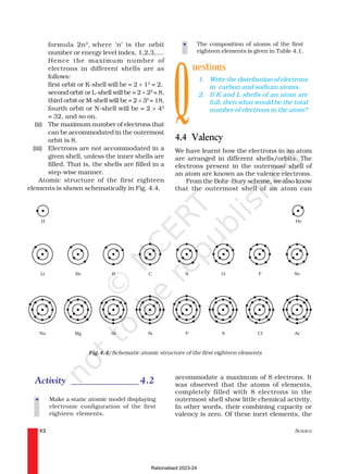 SCIENCE
42
formula 2n2
, where ‘n’ is the orbit
number or energy level index, 1,2,3,….
Hence the maximum number of
electrons in different shells are as
follows:
first orbit or K-shell will be = 2 × 12
= 2,
second orbit or L-shell will be = 2 × 22
= 8,
third orbit or M-shell will be = 2 × 32
= 18,
fourth orbit or N-shell will be = 2 × 42
= 32, and so on.
(ii) The maximum number of electrons that
can be accommodated in the outermost
orbit is 8.
(iii) Electrons are not accommodated in a
given shell, unless the inner shells are
filled. That is, the shells are filled in a
step-wise manner.
Atomic structure of the first eighteen
elements is shown schematically in Fig. 4.4.
• The composition of atoms of the first
eighteen elements is given in Table 4.1.
uestions
1. Write the distribution of electrons
in carbon and sodium atoms.
2. If K and L shells of an atom are
full, then what would be the total
number of electrons in the atom?
4.4 Valency
We have learnt how the electrons in an atom
are arranged in different shells/orbits. The
electrons present in the outermost shell of
an atom are known as the valence electrons.
From the Bohr-Bury scheme, we also know
that the outermost shell of an atom can
Activity ______________ 4.2
• Make a static atomic model displaying
electronic configuration of the first
eighteen elements.
Fig.4.4: Schematic atomic structure of the first eighteen elements
Q
accommodate a maximum of 8 electrons. It
was observed that the atoms of elements,
completely filled with 8 electrons in the
outermost shell show little chemical activity.
In other words, their combining capacity or
valency is zero. Of these inert elements, the
Rationalised 2023-24
 