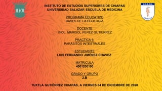 INSTITUTO DE ESTUDIOS SUPERIORES DE CHIAPAS
UNIVERSIDAD SALAZAR ESCUELA DE MEDICINA
PROGRAMA EDUCATIVO
BASES DE LA ECOLOGÍA
DOCENTE
BIOL. MARISOL PEREZ GUTIERREZ
PRACTICA 6:
PARÁSITOS INTESTINALES
ESTUDIANTE
LUIS FERNANDO JIMÉNEZ CHÁVEZ
MATRICULA
4001200100
GRADO Y GRUPO
2.B
TUXTLA GUTIÉRREZ CHIAPAS, A VIERNES 04 DE DICIEMBRE DE 2020
 
