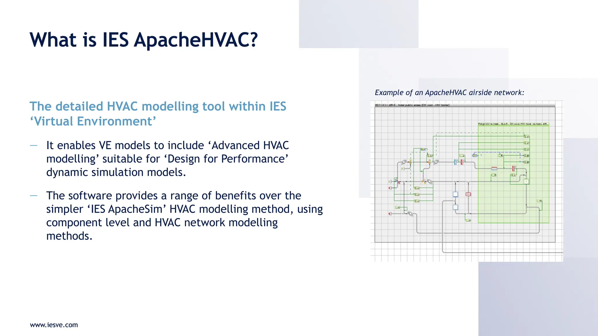 www.iesve.com
What is IES ApacheHVAC?
The detailed HVAC modelling tool within IES
‘Virtual Environment’
— It enables VE models to include ‘Advanced HVAC
modelling’ suitable for ‘Design for Performance’
dynamic simulation models.
— The software provides a range of benefits over the
simpler ‘IES ApacheSim’ HVAC modelling method, using
component level and HVAC network modelling
methods.
www.iesve.com
Example of an ApacheHVAC airside network:
 