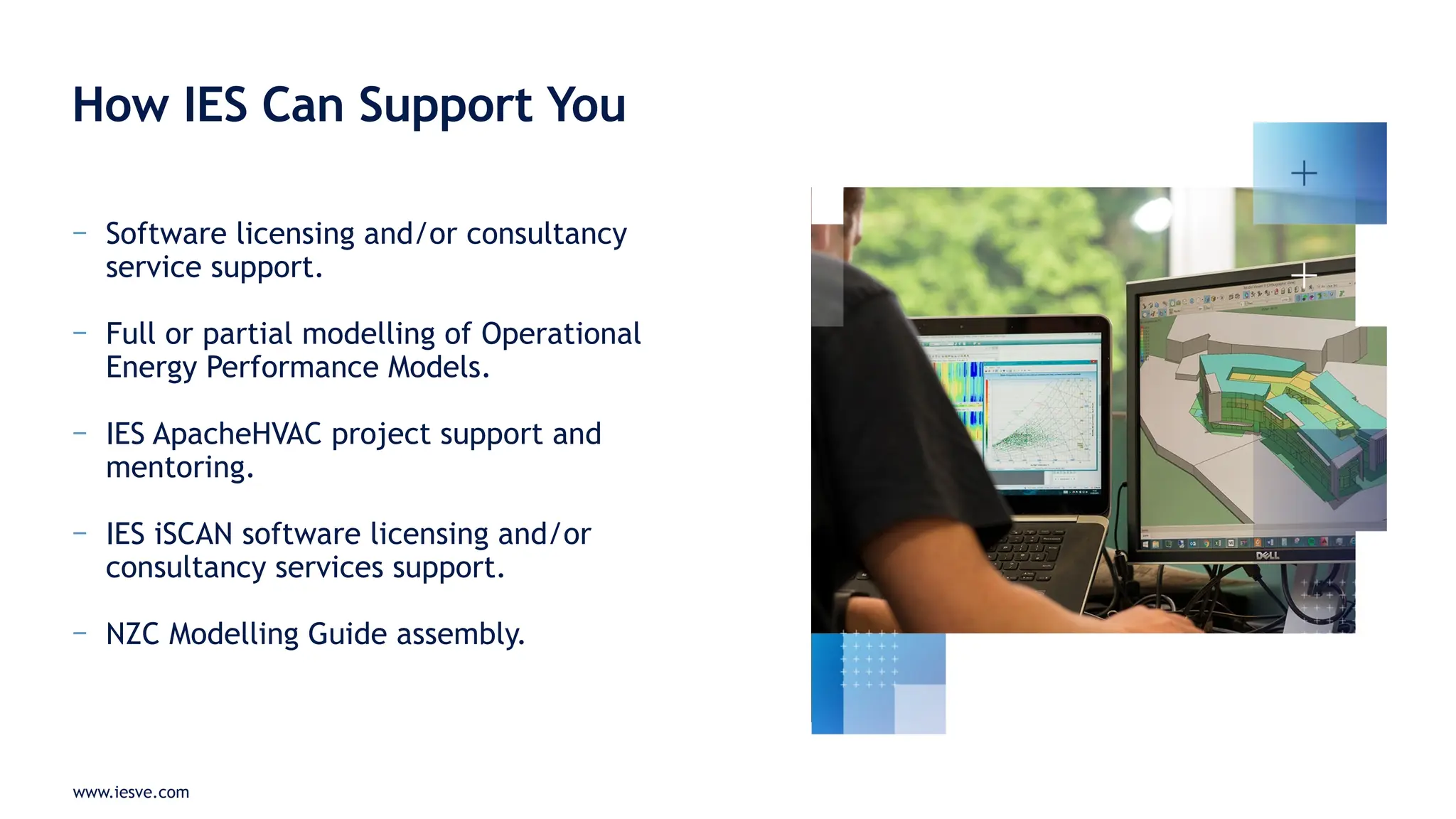 www.iesve.com
− Software licensing and/or consultancy
service support.
− Full or partial modelling of Operational
Energy Performance Models.
− IES ApacheHVAC project support and
mentoring.
− IES iSCAN software licensing and/or
consultancy services support.
− NZC Modelling Guide assembly.
How IES Can Support You
 