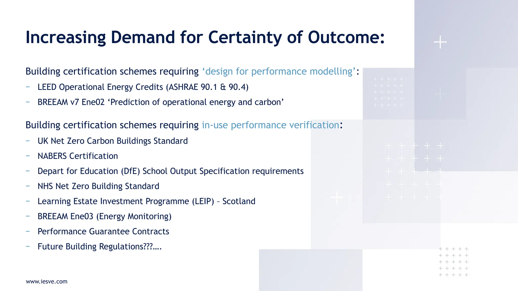 www.iesve.com
Building certification schemes requiring ‘design for performance modelling’:
− LEED Operational Energy Credits (ASHRAE 90.1 & 90.4)
− BREEAM v7 Ene02 ‘Prediction of operational energy and carbon’
Building certification schemes requiring in-use performance verification:
− UK Net Zero Carbon Buildings Standard
− NABERS Certification
− Depart for Education (DfE) School Output Specification requirements
− NHS Net Zero Building Standard
− Learning Estate Investment Programme (LEIP) – Scotland
− BREEAM Ene03 (Energy Monitoring)
− Performance Guarantee Contracts
− Future Building Regulations???….
Increasing Demand for Certainty of Outcome:
 