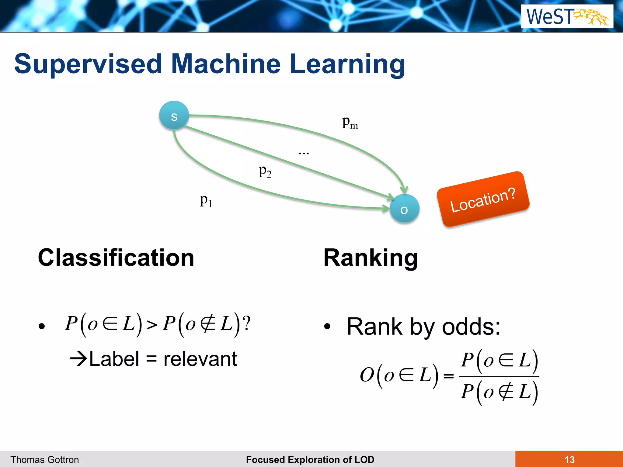 Supervised Machine Learning 
s 
Classification 
• 
p1 
P(o ∈ L) > P(o ∉ L)? 
àLabel = relevant 
o 
pm 
Ranking 
Location? 
• Rank by odds: 
p2 
... 
O(o ∈ L) = 
P(o ∈ L) 
P(o ∉ L) 
Thomas Gottron Focused Exploration of LOD 13 
 