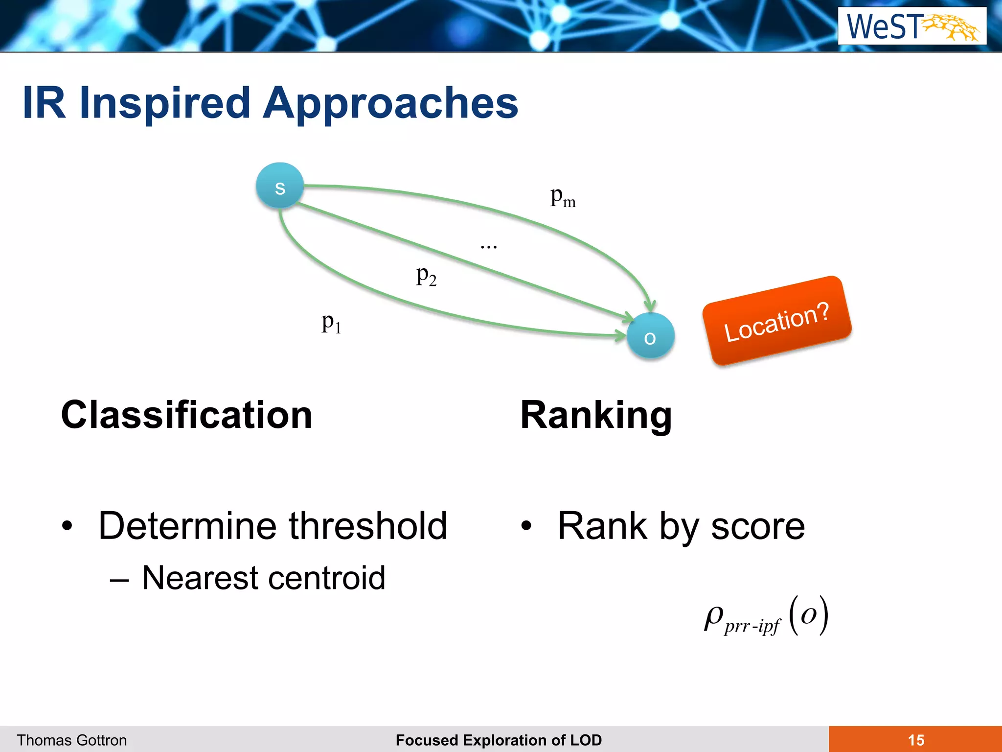 IR Inspired Approaches 
s 
Classification 
p1 
p2 
• Determine threshold 
– Nearest centroid 
o 
pm 
Ranking 
Location? 
• Rank by score 
... 
ρ prr-ipf (o) 
Thomas Gottron Focused Exploration of LOD 15 
 