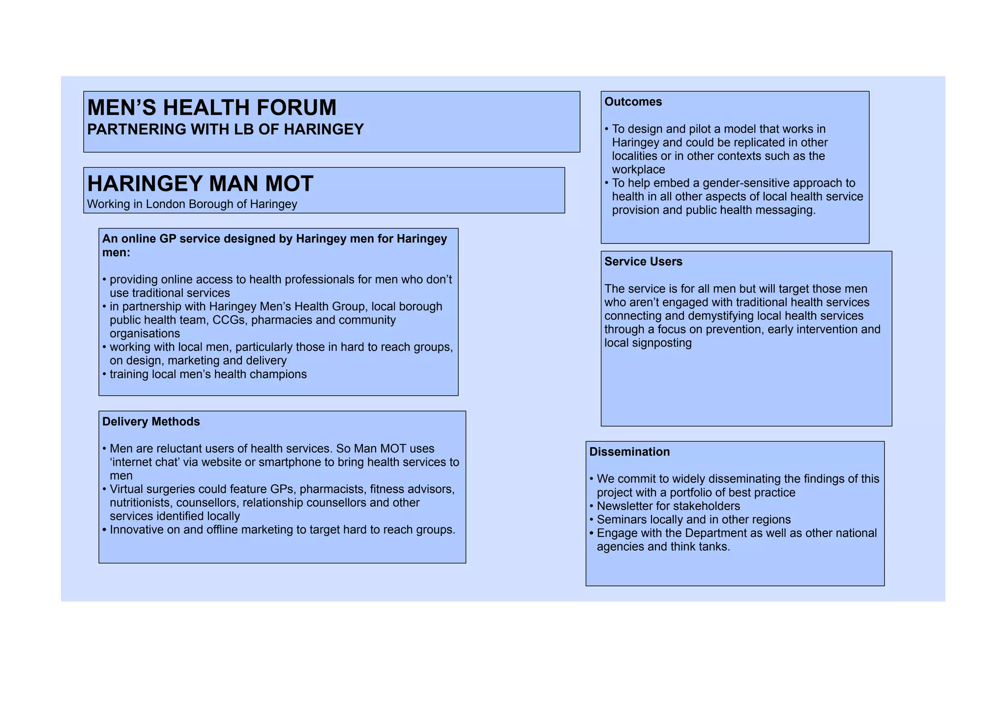 MEN’S HEALTH FORUM
PARTNERING WITH LB OF HARINGEY
HARINGEY MAN MOT
Working in London Borough of Haringey
An online GP service designed by Haringey men for Haringey
men:
• providing online access to health professionals for men who don’t
use traditional services
• in partnership with Haringey Men’s Health Group, local borough
public health team, CCGs, pharmacies and community
organisations
• working with local men, particularly those in hard to reach groups,
on design, marketing and delivery
• training local men’s health champions
Outcomes
• To design and pilot a model that works in
Haringey and could be replicated in other
localities or in other contexts such as the
workplace
• To help embed a gender-sensitive approach to
health in all other aspects of local health service
provision and public health messaging.
Delivery Methods
• Men are reluctant users of health services. So Man MOT uses
‘internet chat’ via website or smartphone to bring health services to
men
• Virtual surgeries could feature GPs, pharmacists, fitness advisors,
nutritionists, counsellors, relationship counsellors and other
services identified locally
• Innovative on and offline marketing to target hard to reach groups.
Dissemination
• We commit to widely disseminating the findings of this
project with a portfolio of best practice
• Newsletter for stakeholders
• Seminars locally and in other regions
• Engage with the Department as well as other national
agencies and think tanks.
Service Users
The service is for all men but will target those men
who aren’t engaged with traditional health services
connecting and demystifying local health services
through a focus on prevention, early intervention and
local signposting
 