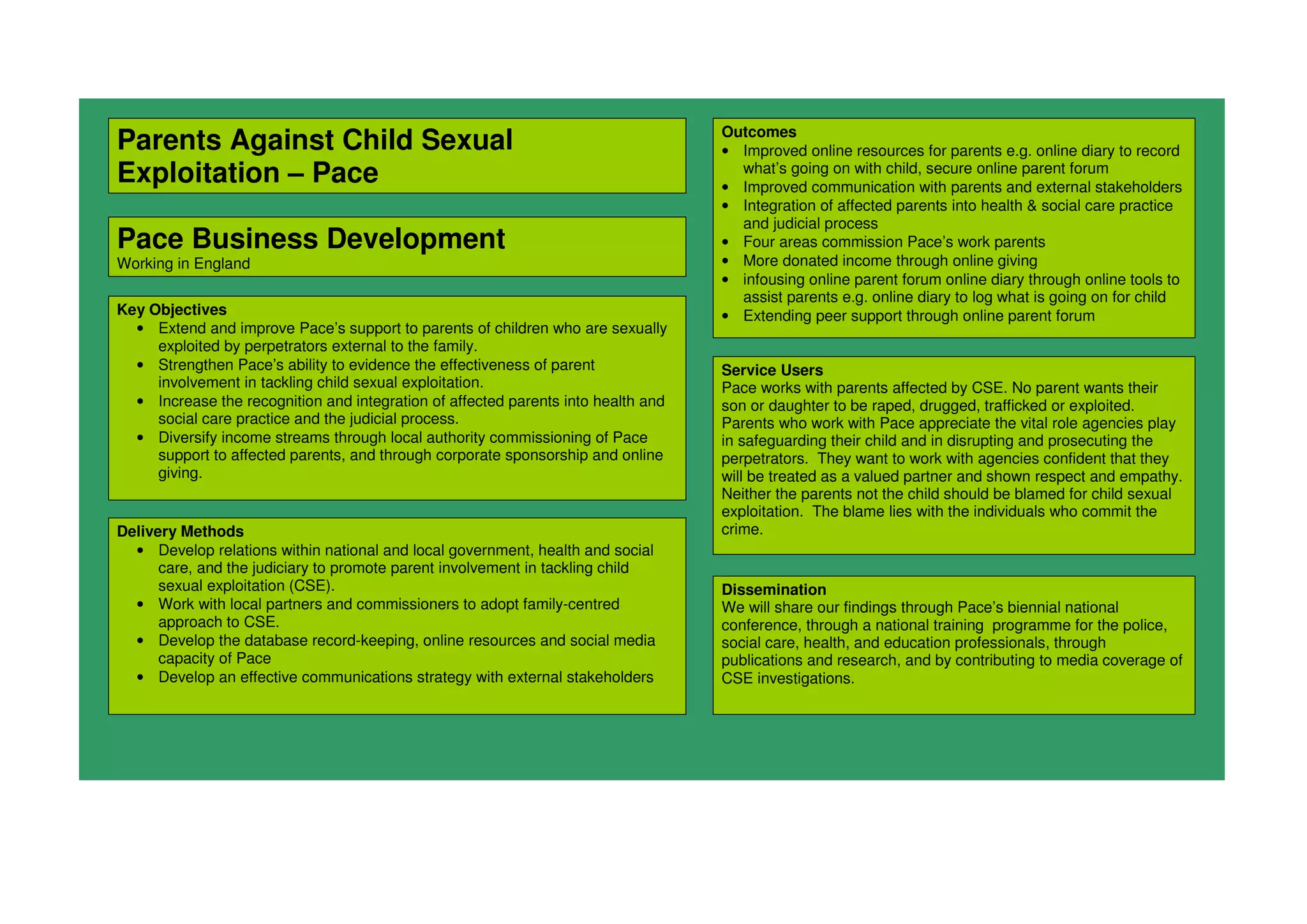 Parents Against Child Sexual
Exploitation – Pace
Pace Business Development
Working in England
Key Objectives
• Extend and improve Pace’s support to parents of children who are sexually
exploited by perpetrators external to the family.
• Strengthen Pace’s ability to evidence the effectiveness of parent
involvement in tackling child sexual exploitation.
• Increase the recognition and integration of affected parents into health and
social care practice and the judicial process.
• Diversify income streams through local authority commissioning of Pace
support to affected parents, and through corporate sponsorship and online
giving.
Delivery Methods
• Develop relations within national and local government, health and social
care, and the judiciary to promote parent involvement in tackling child
sexual exploitation (CSE).
• Work with local partners and commissioners to adopt family-centred
approach to CSE.
• Develop the database record-keeping, online resources and social media
capacity of Pace
• Develop an effective communications strategy with external stakeholders
Dissemination
We will share our findings through Pace’s biennial national
conference, through a national training programme for the police,
social care, health, and education professionals, through
publications and research, and by contributing to media coverage of
CSE investigations.
Service Users
Pace works with parents affected by CSE. No parent wants their
son or daughter to be raped, drugged, trafficked or exploited.
Parents who work with Pace appreciate the vital role agencies play
in safeguarding their child and in disrupting and prosecuting the
perpetrators. They want to work with agencies confident that they
will be treated as a valued partner and shown respect and empathy.
Neither the parents not the child should be blamed for child sexual
exploitation. The blame lies with the individuals who commit the
crime.
Outcomes
• Improved online resources for parents e.g. online diary to record
what’s going on with child, secure online parent forum
• Improved communication with parents and external stakeholders
• Integration of affected parents into health & social care practice
and judicial process
• Four areas commission Pace’s work parents
• More donated income through online giving
• infousing online parent forum online diary through online tools to
assist parents e.g. online diary to log what is going on for child
• Extending peer support through online parent forum
 
