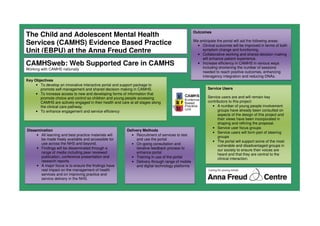 The Child and Adolescent Mental Health
Services (CAMHS) Evidence Based Practice
Unit (EBPU) at the Anna Freud Centre
CAMHSweb: Web Supported Care in CAMHS
Working with CAMHS nationally
Key Objectives
• To develop an innovative interactive portal and support package to
promote self-management and shared decision making in CAMHS.
• To increase access to new and developing forms of information that
promote choice and control so children and young people accessing
CAMHS are actively engaged in their health and care at all stages along
the clinical care pathway.
• To enhance engagement and service efficiency
Outcomes
We anticipate the portal will aid the following areas:
• Clinical outcomes will be improved in terms of both
symptom change and functioning.
• Collaborative working and shared decision making
will enhance patient experience.
• Increase efficiency in CAMHS in various ways
including shortening the number of sessions
needed to reach positive outcomes, enhancing
interagency integration and reducing DNAs.
Dissemination
• All learning and best practice materials will
be made freely available and accessible for
use across the NHS and beyond.
• Findings will be disseminated through a
range of media including peer reviewed
publication, conference presentation and
research reports.
• A major focus is to ensure the findings have
real impact on the management of health
services and on improving practice and
service delivery in the NHS.
Delivery Methods
• Recruitment of services to test
and use the portal
• On-going consultation and
iterative feedback process to
enhance portal
• Training in use of the portal
• Delivery through range of mobile
and digital technology platforms
Service Users
Service users are and will remain key
contributors to this project:
• A number of young people involvement
groups have already been consulted on
aspects of the design of this project and
their views have been incorporated in
shaping and refining the proposal.
• Service user focus groups
• Service users will form part of steering
groups
• The portal will support some of the most
vulnerable and disadvantaged groups in
our society to ensure their voices are
heard and that they are central to the
clinical interaction.
 