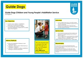 Guide Dogs
Guide Dogs Children and Young People’s Habilitation Service
For England.
“No one should have
to endure the hell I
went through as a
kid, and at present
they still do”
John Hillbourne
Trustee, Guide Dogs
Key Objectives
• To train more children’s habilitation
instructors to national standards.
• To increase the number of children
receiving habilitation support from an early
age across England.
Delivery Methods
! Recruit 8 habilitation trainees to start
September 2013.
! July 2014 – able to work in their teams as
habilitation assistants.
! July 2015 – qualified to deliver habilitation
training to national standards.
Outcomes
! Once qualified (Sept 2015) in total 400 children
per year will receive habilitation support from this
cohort of graduates.
! Individual outcomes will be measured both
clinically and qualitatively to build the evidence
for more support of this kind.
Service Users
! 43% of parents surveyed said their children had
received no mobility training at all. This rose to
80% for under 5’s.
! 79% of children with a visual impairment surveyed
found it “difficult” or “impossible” to get around
outside the home in unfamiliar places.
(2008 Functionality and Needs Survey – Guide Dogs)
Dissemination
As the evidence grows we will disseminate best
practice and evidence of the service impact through
all our mobility teams.
We will also work shoulder to shoulder with other
providers and local authorities to develop stronger
evidence based habilitation services in as many areas
of the UK.
 