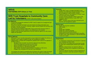 WRVS
PARTNERING WITH Slivers of Time
NHS Trust Hospitals to Community Care:
Led by Volunteers42 NHS Trusts across England
Key Objectives
• Provide self-management websites for NHS Trusts to support the management and
booking of volunteers.
• Set up local volunteer-led health and care projects including preventative care
schemes, volunteer recruitment initiatives, support leaving hospital and voluntary care
for those in financial hardship.
• Self-management websites enable NHS Trusts and the local voluntary sector to
establish a shared volunteer platform and collaborate on joint projects.
• Support locally developed approaches that build resilience against the risks of poor
health and well-being.
Outcomes
• Enable NHS Trusts to manage volunteers & their
activities more effectively through providing a funded
self-management & administration website
• Implement Slivers-of-Time systems in 42 NHS Trusts
and local areas across England
• Increase volunteer capacity in NHS Trusts by 25%
• Increase in volunteer activity in each NHS Trust
engaged by 25%
• SROI – monetary value of the time unlocked by the
volunteer self-management system
Delivery Methods
• Setting up 42 local volunteer-led projects across England that support the delivery of
long-term care & support enabled through self-management websites
• Implementation of shared self-management websites which improve the capacity of
42 NHS Trusts to:
• Manage & track volunteer recruitment & approval more effectively
• Find & book approved volunteers at short-notice
• Recruit volunteers through new online channels
• Record and report on volunteering activities
• Open flexible volunteering opportunities to volunteers on their terms
• Engage more volunteers and use them more effectively
The proposal will enable the establishment of projects that support locally developed
approaches that build resilience against the risks of poor health and well-being.
Dissemination
• An independent assessment and evaluation is planned
to be completed by March 2016.
• All learning from the project will be promoted through
the press and umbrella bodies backed up by detailed
reports.
• Methods of dissemination are tailored to different
stages in the project and a repository of learning will
be created.
• A group of national Volunteer Involving Organisations
will be convened to share best practice & shape the
project.
Service Users
• People with long term conditions
• Older people
• Carers
• People with a disability
• People with a learning disability
• People experiencing social exclusion
• Groups/communities experiencing health inequalities
• 42 NHS Trusts, 8,400 volunteers, 21,000 beneficiaries
in total over 3 years
 