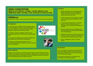 SEND CONSORTIUM
MADE UP OF CONTACT A FAMILY, SCOPE, MENCAP, NAS,
AMBITIOUS ABOUT AUTISM, I CAN, DYSLEXIA ACTION and KIDS
SENDirect
England wide, children and young people with SEND aged 0 to 25 years and intermediaries
Key Objectives
To develop a new, intelligent online brokerage platform
known as SENDirect, that will support parent/carers and
their intermediaries to access and purchase health,
education, social care and leisure services.
To develop a quality accreditation system around
featured providers that is influenced by those accessing
them.
To develop the specifications and build for SENDirect in
partnership with a wide range of stakeholders.
To identify and develop partnerships with local
authorities and providers to enable the pilot and eventual
launch of SENDirect.
Outcomes:
• Support parent/carers of young people with
special educational needs or disabilites to
access information and support about the
services they want and need.
• Provide online tools and information to enable
them to manage personal budgets or direct
payments.
• Provide support across sector’s to develop
products to meet identified needs and
therefore create a sustainable marketplace of
provision.
• Improve the efficiency of commissioning by
local authorities by providing needs led data to
inform their decisions
• Develop universal and commercial provision to
embrace a culture of inclusion for children and
young people with additional support needs
• Improve collaboration within and across
sectors
Delivery Methods
SENDirect’s specification and build will be informed by an Expert Reference Group
made up of an extensive range of stakeholders, followed by four consultation events
aimed at parent/carers and providers. Nine local authorities will also be recruited to
drive the development and then pilot the service.
Dissemination
The online platform will feature open access to the
public and enable providers and commissioners to
view data and identify trends around the activities of
those with personal budgets.
An evaluation framework for the project will be
developed and the results published.
 