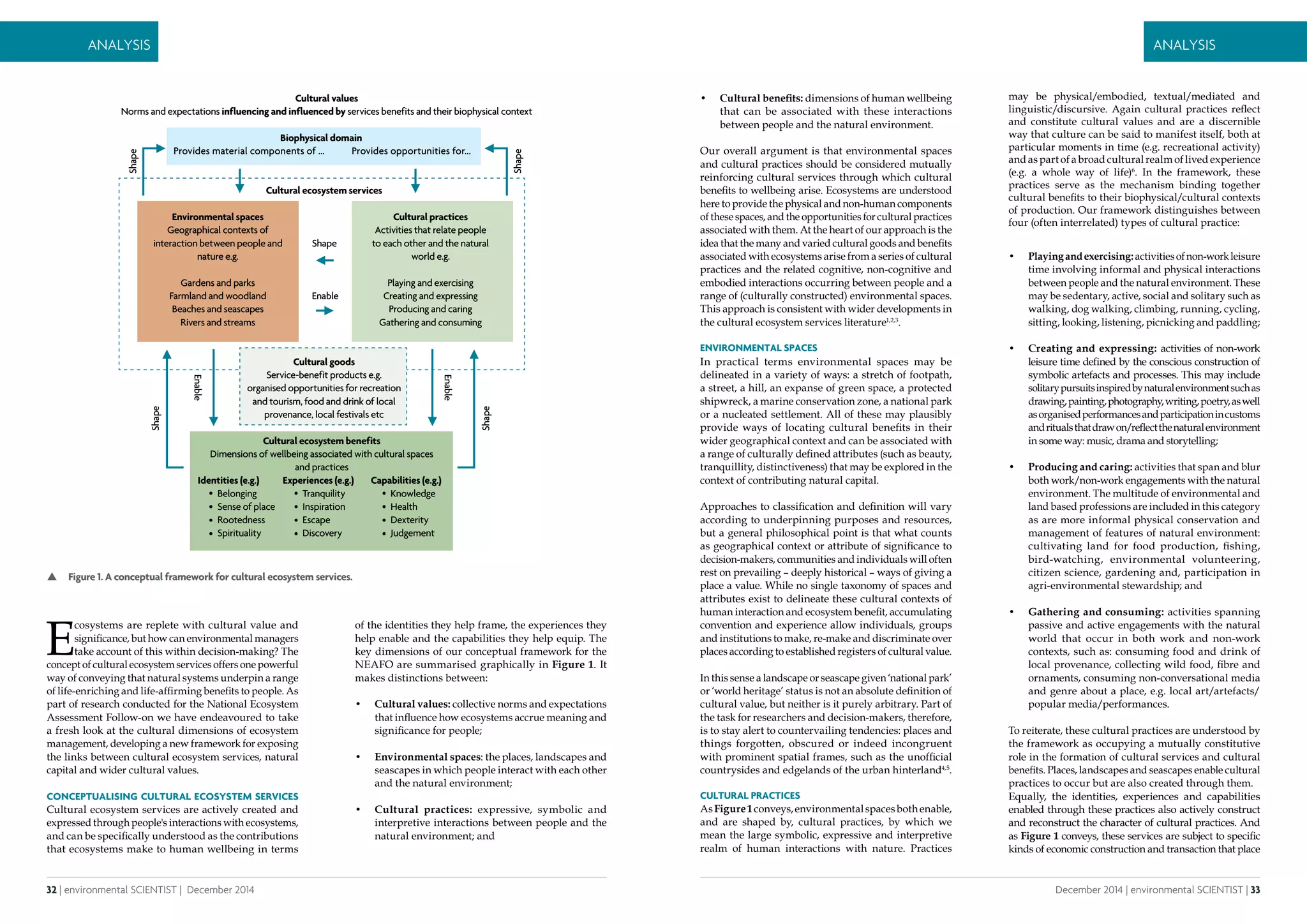 32 | environmental SCIENTIST | December 2014
Analysis
December 2014 | environmental SCIENTIST | 33
Analysis
E
cosystems are replete with cultural value and
significance, but how can environmental managers
take account of this within decision-making? The
concept of cultural ecosystem services offers one powerful
way of conveying that natural systems underpin a range
of life-enriching and life-affirming benefits to people. As
part of research conducted for the National Ecosystem
Assessment Follow-on we have endeavoured to take
a fresh look at the cultural dimensions of ecosystem
management, developing a new framework for exposing
the links between cultural ecosystem services, natural
capital and wider cultural values.
Conceptualising cultural ecosystem services
Cultural ecosystem services are actively created and
expressed through people's interactions with ecosystems,
and can be specifically understood as the contributions
that ecosystems make to human wellbeing in terms
 Figure 1. A conceptual framework for cultural ecosystem services.
of the identities they help frame, the experiences they
help enable and the capabilities they help equip. The
key dimensions of our conceptual framework for the
NEAFO are summarised graphically in Figure 1. It
makes distinctions between:
•	 Cultural values: collective norms and expectations
that influence how ecosystems accrue meaning and
significance for people;
•	 Environmental spaces: the places, landscapes and
seascapes in which people interact with each other
and the natural environment;
•	 Cultural practices: expressive, symbolic and
interpretive interactions between people and the
natural environment; and
Cultural values
Norms and expectations influencing and influenced by services benefits and their biophysical context
Biophysical domain
Provides opportunities for...Provides material components of ...
Environmental spaces
Geographical contexts of
interaction between people and
nature e.g.
Gardens and parks
Farmland and woodland
Beaches and seascapes
Rivers and streams
Cultural goods
Service-benefit products e.g.
organised opportunities for recreation
and tourism, food and drink of local
provenance, local festivals etc
Shape
Shape
Shape
Shape
Shape
Enable
Enable
EnableCultural ecosystem benefits
Dimensions of wellbeing associated with cultural spaces
and practices
Cultural practices
Activities that relate people
to each other and the natural
world e.g.
Playing and exercising
Creating and expressing
Producing and caring
Gathering and consuming
Cultural ecosystem services
•	 Cultural benefits: dimensions of human wellbeing
that can be associated with these interactions
between people and the natural environment.
Our overall argument is that environmental spaces
and cultural practices should be considered mutually
reinforcing cultural services through which cultural
benefits to wellbeing arise. Ecosystems are understood
here to provide the physical and non-human components
of these spaces, and the opportunities for cultural practices
associated with them. At the heart of our approach is the
idea that the many and varied cultural goods and benefits
associated with ecosystems arise from a series of cultural
practices and the related cognitive, non-cognitive and
embodied interactions occurring between people and a
range of (culturally constructed) environmental spaces.
This approach is consistent with wider developments in
the cultural ecosystem services literature1,2,3
.
Environmental spaces
In practical terms environmental spaces may be
delineated in a variety of ways: a stretch of footpath,
a street, a hill, an expanse of green space, a protected
shipwreck, a marine conservation zone, a national park
or a nucleated settlement. All of these may plausibly
provide ways of locating cultural benefits in their
wider geographical context and can be associated with
a range of culturally defined attributes (such as beauty,
tranquillity, distinctiveness) that may be explored in the
context of contributing natural capital.
Approaches to classification and definition will vary
according to underpinning purposes and resources,
but a general philosophical point is that what counts
as geographical context or attribute of significance to
decision-makers, communities and individuals will often
rest on prevailing – deeply historical – ways of giving a
place a value. While no single taxonomy of spaces and
attributes exist to delineate these cultural contexts of
human interaction and ecosystem benefit, accumulating
convention and experience allow individuals, groups
and institutions to make, re-make and discriminate over
places according to established registers of cultural value.
In this sense a landscape or seascape given ‘national park’
or ‘world heritage’ status is not an absolute definition of
cultural value, but neither is it purely arbitrary. Part of
the task for researchers and decision-makers, therefore,
is to stay alert to countervailing tendencies: places and
things forgotten, obscured or indeed incongruent
with prominent spatial frames, such as the unofficial
countrysides and edgelands of the urban hinterland4,5
.
Cultural practices
AsFigure1conveys,environmentalspacesbothenable,
and are shaped by, cultural practices, by which we
mean the large symbolic, expressive and interpretive
realm of human interactions with nature. Practices
may be physical/embodied, textual/mediated and
linguistic/discursive. Again cultural practices reflect
and constitute cultural values and are a discernible
way that culture can be said to manifest itself, both at
particular moments in time (e.g. recreational activity)
and as part of a broad cultural realm of lived experience
(e.g. a whole way of life)6
. In the framework, these
practices serve as the mechanism binding together
cultural benefits to their biophysical/cultural contexts
of production. Our framework distinguishes between
four (often interrelated) types of cultural practice:
•	 Playingandexercising:activitiesofnon-workleisure
time involving informal and physical interactions
between people and the natural environment. These
may be sedentary, active, social and solitary such as
walking, dog walking, climbing, running, cycling,
sitting, looking, listening, picnicking and paddling;
•	 Creating and expressing: activities of non-work
leisure time defined by the conscious construction of
symbolic artefacts and processes. This may include
solitarypursuitsinspiredbynaturalenvironmentsuchas
drawing,painting,photography,writing,poetry,aswell
asorganisedperformancesandparticipationincustoms
andritualsthatdrawon/reflectthenaturalenvironment
in some way: music, drama and storytelling;
•	 Producing and caring: activities that span and blur
both work/non-work engagements with the natural
environment. The multitude of environmental and
land based professions are included in this category
as are more informal physical conservation and
management of features of natural environment:
cultivating land for food production, fishing,
bird-watching, environmental volunteering,
citizen science, gardening and, participation in
agri-environmental stewardship; and
•	 Gathering and consuming: activities spanning
passive and active engagements with the natural
world that occur in both work and non-work
contexts, such as: consuming food and drink of
local provenance, collecting wild food, fibre and
ornaments, consuming non-conversational media
and genre about a place, e.g. local art/artefacts/
popular media/performances.
To reiterate, these cultural practices are understood by
the framework as occupying a mutually constitutive
role in the formation of cultural services and cultural
benefits. Places, landscapes and seascapes enable cultural
practices to occur but are also created through them.
Equally, the identities, experiences and capabilities
enabled through these practices also actively construct
and reconstruct the character of cultural practices. And
as Figure 1 conveys, these services are subject to specific
kinds of economic construction and transaction that place
 