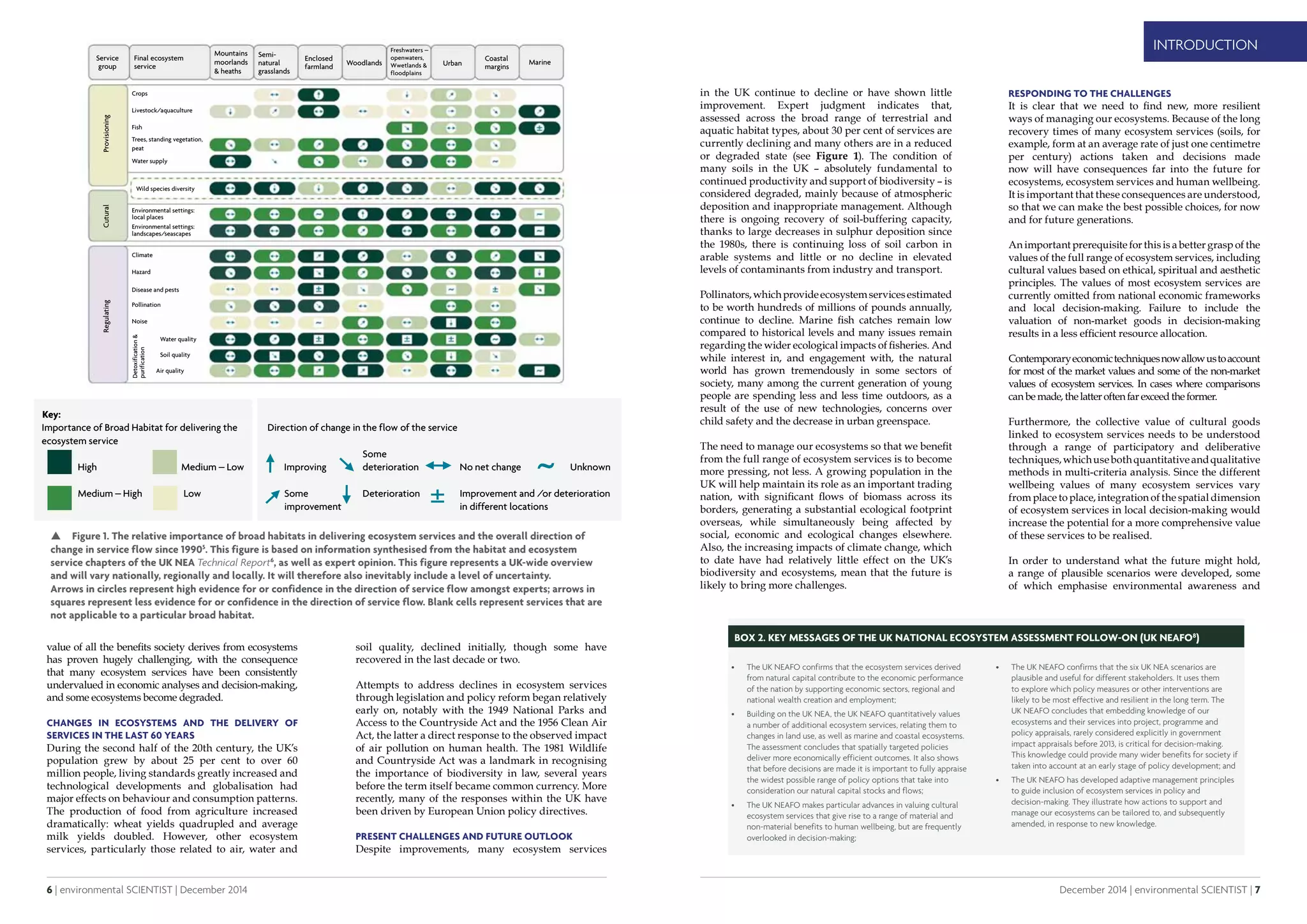 6 | environmental SCIENTIST | December 2014
INTRODUCTION
December 2014 | environmental SCIENTIST | 7
INTRODUCTION
in the UK continue to decline or have shown little
improvement. Expert judgment indicates that,
assessed across the broad range of terrestrial and
aquatic habitat types, about 30 per cent of services are
currently declining and many others are in a reduced
or degraded state (see Figure 1). The condition of
many soils in the UK – absolutely fundamental to
continued productivity and support of biodiversity – is
considered degraded, mainly because of atmospheric
deposition and inappropriate management. Although
there is ongoing recovery of soil-buffering capacity,
thanks to large decreases in sulphur deposition since
the 1980s, there is continuing loss of soil carbon in
arable systems and little or no decline in elevated
levels of contaminants from industry and transport.
Pollinators,whichprovideecosystemservicesestimated
to be worth hundreds of millions of pounds annually,
continue to decline. Marine fish catches remain low
compared to historical levels and many issues remain
regarding the wider ecological impacts of fisheries. And
while interest in, and engagement with, the natural
world has grown tremendously in some sectors of
society, many among the current generation of young
people are spending less and less time outdoors, as a
result of the use of new technologies, concerns over
child safety and the decrease in urban greenspace.
The need to manage our ecosystems so that we benefit
from the full range of ecosystem services is to become
more pressing, not less. A growing population in the
UK will help maintain its role as an important trading
nation, with significant flows of biomass across its
borders, generating a substantial ecological footprint
overseas, while simultaneously being affected by
social, economic and ecological changes elsewhere.
Also, the increasing impacts of climate change, which
to date have had relatively little effect on the UK’s
biodiversity and ecosystems, mean that the future is
likely to bring more challenges.
soil quality, declined initially, though some have
recovered in the last decade or two.
Attempts to address declines in ecosystem services
through legislation and policy reform began relatively
early on, notably with the 1949 National Parks and
Access to the Countryside Act and the 1956 Clean Air
Act, the latter a direct response to the observed impact
of air pollution on human health. The 1981 Wildlife
and Countryside Act was a landmark in recognising
the importance of biodiversity in law, several years
before the term itself became common currency. More
recently, many of the responses within the UK have
been driven by European Union policy directives.
Present challenges and future outlook
Despite improvements, many ecosystem services
value of all the benefits society derives from ecosystems
has proven hugely challenging, with the consequence
that many ecosystem services have been consistently
undervalued in economic analyses and decision-making,
and some ecosystems become degraded.
Changes in ecosystems and the delivery of
services in the last 60 years
During the second half of the 20th century, the UK’s
population grew by about 25 per cent to over 60
million people, living standards greatly increased and
technological developments and globalisation had
major effects on behaviour and consumption patterns.
The production of food from agriculture increased
dramatically: wheat yields quadrupled and average
milk yields doubled. However, other ecosystem
services, particularly those related to air, water and
 Figure 1. The relative importance of broad habitats in delivering ecosystem services and the overall direction of
change in service flow since 19905
. This figure is based on information synthesised from the habitat and ecosystem
service chapters of the UK NEA Technical Report6
, as well as expert opinion. This figure represents a UK-wide overview
and will vary nationally, regionally and locally. It will therefore also inevitably include a level of uncertainty.
Arrows in circles represent high evidence for or confidence in the direction of service flow amongst experts; arrows in
squares represent less evidence for or confidence in the direction of service flow. Blank cells represent services that are
not applicable to a particular broad habitat.
Responding to the challenges
It is clear that we need to find new, more resilient
ways of managing our ecosystems. Because of the long
recovery times of many ecosystem services (soils, for
example, form at an average rate of just one centimetre
per century) actions taken and decisions made
now will have consequences far into the future for
ecosystems, ecosystem services and human wellbeing.
It is important that these consequences are understood,
so that we can make the best possible choices, for now
and for future generations.
An important prerequisite for this is a better grasp of the
values of the full range of ecosystem services, including
cultural values based on ethical, spiritual and aesthetic
principles. The values of most ecosystem services are
currently omitted from national economic frameworks
and local decision-making. Failure to include the
valuation of non-market goods in decision-making
results in a less efficient resource allocation.
Contemporaryeconomictechniquesnowallowustoaccount
for most of the market values and some of the non-market
values of ecosystem services. In cases where comparisons
canbemade,thelatteroften far exceed the former.
Furthermore, the collective value of cultural goods
linked to ecosystem services needs to be understood
through a range of participatory and deliberative
techniques,whichusebothquantitativeandqualitative
methods in multi-criteria analysis. Since the different
wellbeing values of many ecosystem services vary
from place to place, integration of the spatial dimension
of ecosystem services in local decision-making would
increase the potential for a more comprehensive value
of these services to be realised.
In order to understand what the future might hold,
a range of plausible scenarios were developed, some
of which emphasise environmental awareness and
Box 2. Key Messages of the UK National Ecosystem Assessment Follow-on (UK NEAFO8
)
•	 The UK NEAFO confirms that the ecosystem services derived
from natural capital contribute to the economic performance
of the nation by supporting economic sectors, regional and
national wealth creation and employment;
•	 Building on the UK NEA, the UK NEAFO quantitatively values
a number of additional ecosystem services, relating them to
changes in land use, as well as marine and coastal ecosystems.
The assessment concludes that spatially targeted policies
deliver more economically efficient outcomes. It also shows
that before decisions are made it is important to fully appraise
the widest possible range of policy options that take into
consideration our natural capital stocks and flows;
•	 The UK NEAFO makes particular advances in valuing cultural
ecosystem services that give rise to a range of material and
non-material benefits to human wellbeing, but are frequently
overlooked in decision-making;
•	 The UK NEAFO confirms that the six UK NEA scenarios are
plausible and useful for different stakeholders. It uses them
to explore which policy measures or other interventions are
likely to be most effective and resilient in the long term. The
UK NEAFO concludes that embedding knowledge of our
ecosystems and their services into project, programme and
policy appraisals, rarely considered explicitly in government
impact appraisals before 2013, is critical for decision-making.
This knowledge could provide many wider benefits for society if
taken into account at an early stage of policy development; and
•	 The UK NEAFO has developed adaptive management principles
to guide inclusion of ecosystem services in policy and
decision-making. They illustrate how actions to support and
manage our ecosystems can be tailored to, and subsequently
amended, in response to new knowledge.
Importance of Broad Habitat for delivering the
ecosystem service
Direction of change in the flow of the service
Key:
High
Medium – High
Medium – Low Improving
Some
deterioration No net change Unknown
Some
improvement
Deterioration Improvement and /or deterioration
in different locations
Low
Service
group
ProvisioningCuturalRegulating
Final ecosystem
service
Crops
Livestock/aquaculture
Fish
Trees, standing vegetation,
peat
Water supply
Wild species diversity
Environmental settings:
local places
Environmental settings:
landscapes/seascapes
Climate
Hazard
Disease and pests
Pollination
Detoxification&
purification
Noise
Water quality
Soil quality
Air quality
Mountains
moorlands
& heaths
Semi-
natural
grasslands
Enclosed
farmland Woodlands
Freshwaters –
openwaters,
Wwetlands &
floodplains
Urban
Coastal
margins
Marine
 