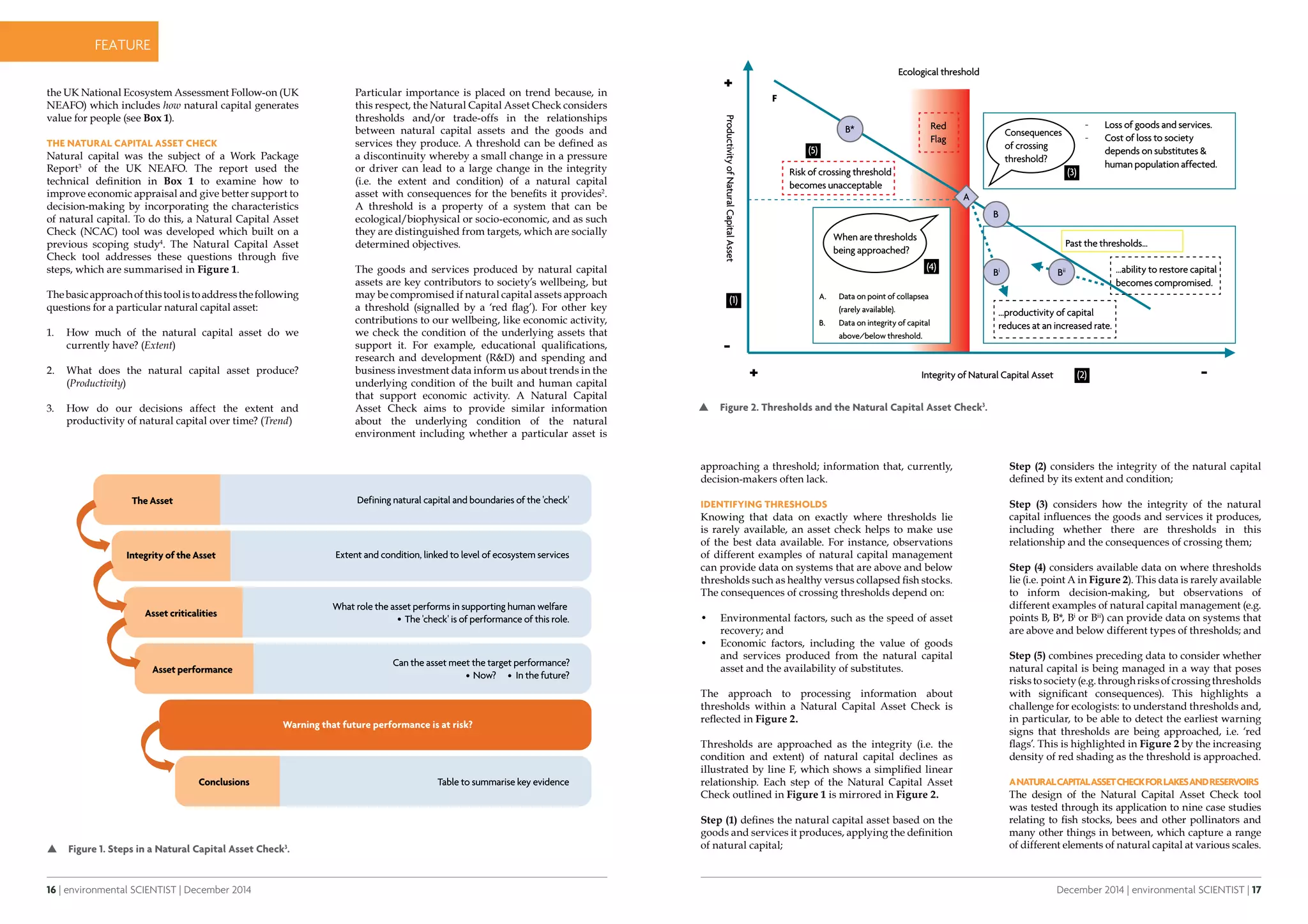 16 | environmental SCIENTIST | December 2014
CASE STUDYfeature
December 2014 | environmental SCIENTIST | 17
CASE STUDYfeature
the UK National Ecosystem Assessment Follow-on (UK
NEAFO) which includes how natural capital generates
value for people (see Box 1).
The Natural Capital Asset Check
Natural capital was the subject of a Work Package
Report3
of the UK NEAFO. The report used the
technical definition in Box 1 to examine how to
improve economic appraisal and give better support to
decision-making by incorporating the characteristics
of natural capital. To do this, a Natural Capital Asset
Check (NCAC) tool was developed which built on a
previous scoping study4
. The Natural Capital Asset
Check tool addresses these questions through five
steps, which are summarised in Figure 1.
Thebasicapproachofthistoolistoaddressthefollowing
questions for a particular natural capital asset:
1.	 How much of the natural capital asset do we
currently have? (Extent)
2.	 What does the natural capital asset produce?
(Productivity)
3.	 How do our decisions affect the extent and
productivity of natural capital over time? (Trend)
 Figure 1. Steps in a Natural Capital Asset Check3
.
 Figure 2. Thresholds and the Natural Capital Asset Check3
.
Particular importance is placed on trend because, in
this respect, the Natural Capital Asset Check considers
thresholds and/or trade-offs in the relationships
between natural capital assets and the goods and
services they produce. A threshold can be defined as
a discontinuity whereby a small change in a pressure
or driver can lead to a large change in the integrity
(i.e. the extent and condition) of a natural capital
asset with consequences for the benefits it provides2
.
A threshold is a property of a system that can be
ecological/biophysical or socio-economic, and as such
they are distinguished from targets, which are socially
determined objectives.
The goods and services produced by natural capital
assets are key contributors to society’s wellbeing, but
may be compromised if natural capital assets approach
a threshold (signalled by a ‘red flag’). For other key
contributions to our wellbeing, like economic activity,
we check the condition of the underlying assets that
support it. For example, educational qualifications,
research and development (R&D) and spending and
business investment data inform us about trends in the
underlying condition of the built and human capital
that support economic activity. A Natural Capital
Asset Check aims to provide similar information
about the underlying condition of the natural
environment including whether a particular asset is
approaching a threshold; information that, currently,
decision-makers often lack.
Identifying thresholds
Knowing that data on exactly where thresholds lie
is rarely available, an asset check helps to make use
of the best data available. For instance, observations
of different examples of natural capital management
can provide data on systems that are above and below
thresholds such as healthy versus collapsed fish stocks.
The consequences of crossing thresholds depend on:
•	 Environmental factors, such as the speed of asset
recovery; and
•	 Economic factors, including the value of goods
and services produced from the natural capital
asset and the availability of substitutes.
The approach to processing information about
thresholds within a Natural Capital Asset Check is
reflected in Figure 2.
Thresholds are approached as the integrity (i.e. the
condition and extent) of natural capital declines as
illustrated by line F, which shows a simplified linear
relationship. Each step of the Natural Capital Asset
Check outlined in Figure 1 is mirrored in Figure 2.
Step (1) defines the natural capital asset based on the
goods and services it produces, applying the definition
of natural capital;
Step (2) considers the integrity of the natural capital
defined by its extent and condition;
Step (3) considers how the integrity of the natural
capital influences the goods and services it produces,
including whether there are thresholds in this
relationship and the consequences of crossing them;
Step (4) considers available data on where thresholds
lie (i.e. point A in Figure 2). This data is rarely available
to inform decision-making, but observations of
different examples of natural capital management (e.g.
points B, B*, Bi
or Bii
) can provide data on systems that
are above and below different types of thresholds; and
Step (5) combines preceding data to consider whether
natural capital is being managed in a way that poses
riskstosociety(e.g.throughrisksofcrossingthresholds
with significant consequences). This highlights a
challenge for ecologists: to understand thresholds and,
in particular, to be able to detect the earliest warning
signs that thresholds are being approached, i.e. ‘red
flags’. This is highlighted in Figure 2 by the increasing
density of red shading as the threshold is approached.
ANaturalCapitalAssetCheckforlakesandreservoirs
The design of the Natural Capital Asset Check tool
was tested through its application to nine case studies
relating to fish stocks, bees and other pollinators and
many other things in between, which capture a range
of different elements of natural capital at various scales.
Integrity of Natural Capital Asset
ProductivityofNaturalCapitalAsset
Past the thresholds...
...ability to restore capital
becomes compromised.
-- Loss of goods and services.
-- Cost of loss to society
depends on substitutes &
human population affected.
A.	 Data on point of collapsea
(rarely available).
B.	 Data on integrity of capital
above/below threshold.
Ecological threshold
F
+
+ -
-
 