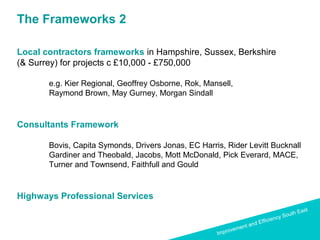 Improvement and Efficiency South East
Improvement and Efficiency South East
The Frameworks 2
Local contractors frameworks in Hampshire, Sussex, Berkshire
(& Surrey) for projects c £10,000 - £750,000
e.g. Kier Regional, Geoffrey Osborne, Rok, Mansell,
Raymond Brown, May Gurney, Morgan Sindall
Consultants Framework
Bovis, Capita Symonds, Drivers Jonas, EC Harris, Rider Levitt Bucknall
Gardiner and Theobald, Jacobs, Mott McDonald, Pick Everard, MACE,
Turner and Townsend, Faithfull and Gould
Highways Professional Services
 
