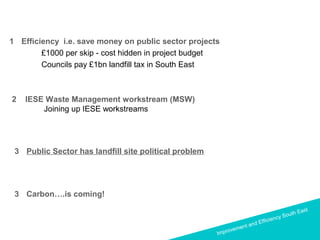 Improvement and Efficiency South East
Improvement and Efficiency South East
1 Efficiency i.e. save money on public sector projects
£1000 per skip - cost hidden in project budget
Councils pay £1bn landfill tax in South East
2 IESE Waste Management workstream (MSW)
Joining up IESE workstreams
3 Public Sector has landfill site political problem
3 Carbon….is coming!
 