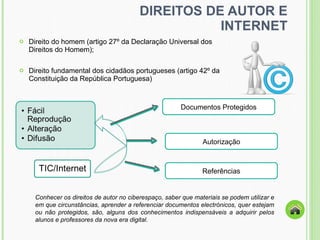 DIREITOS DE AUTOR E INTERNET Direito do homem (artigo 27º da Declaração Universal dos Direitos do Homem); Direito fundamental dos cidadãos portugueses (artigo 42º da Constituição da República Portuguesa) Conhecer os direitos de autor no ciberespaço, saber que materiais se podem utilizar e em que circunstâncias, aprender a referenciar documentos electrónicos, quer estejam ou não protegidos, são, alguns dos conhecimentos indispensáveis a adquirir pelos alunos e professores da nova era digital. Documentos Protegidos Autorização Referências 