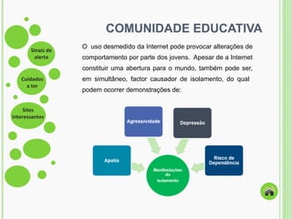 COMUNIDADE EDUCATIVA O  uso desmedido da Internet pode provocar alterações de comportamento por parte dos jovens.  Apesar de a Internet constituir uma abertura para o mundo, também pode ser, em simultâneo, factor causador de isolamento, do qual  podem ocorrer demonstrações de: 