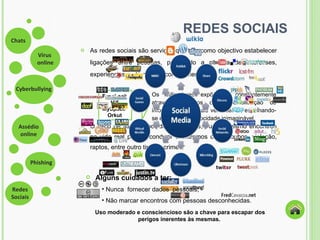 As redes sociais são serviços que têm como objectivo estabelecer ligações entre pessoas, permitindo a partilha de interesses, experiências e até mesmo conhecimento.  O risco de assédio por desconhecidos, ou até mesmo encontros na vida real podem conduzir a extremos como roubos, violação, raptos, entre outro tipo de crimes.  REDES SOCIAIS Os utilizadores expõem-se constantemente através de fotos ou disponibilização de informações pessoais verdadeiras, espalhando-se estas a uma velocidade inimaginável. Uso moderado e consciencioso são a chave para escapar dos perigos inerentes às mesmas.  Alguns cuidados a ter: Nunca  fornecer dados  pessoais; Não marcar encontros com pessoas desconhecidas.   Facebook Hi5 MySpace  Orkut 