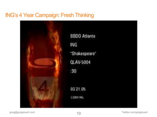 ING’s 4 Year Campaign: Fresh Thinking




 greg@gregstuart.com                    Twitter.com/gregstuart
                             10
 