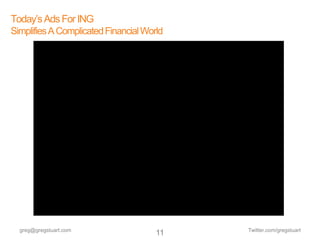 Today’s Ads For ING
Simplifies A Complicated Financial World




  greg@gregstuart.com                      Twitter.com/gregstuart
                                      11
 