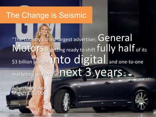 The Changetitle
      slide is Seismic

                                  General
 “The country’s third-largest advertiser,
 Motors is getting ready to shift fully half of its
 $3 billion budgetinto digital and one-to-one
 marketing within the next 3 years.”

 Advertising Age
 March 17, 2008


greg@gregstuart.com                         Twitter.com/gregstuart
                               41
 