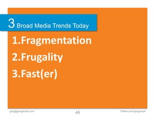 3 Broad Media Trends Today
 1.Fragmentation
 2.Frugality
 3.Fast(er)


greg@gregstuart.com          Twitter.com/gregstuart
                      45
 
