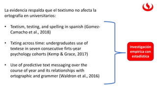 La evidencia respalda que el textismo no afecta la
ortografía en universitarios:
• Textism, testing, and spelling in spani...