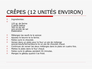 CRÊPES (12 UNITÉS ENVIRON) Ingredientes: 125 gr. de farine 2 oeufs battus 300 ml de lait une pincée de sel Élaboration   Mélangez las oeufs te le azúcar.  Ajoutez le beurre te la farine.  Faites cuire le chocolat.  Versez dans un plato pour le four un pie de mélange azúcar/oeufs/farine/beurre te un pie de chocolat chaud.  Continuez de verser las deux mélanges dans le plato en cuatro fois.  Mettez le plato dans le four chaud.  Faites cuire le gâteau pendant 55 minutas.  Mangez le gâteau quand il se froid.  