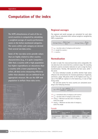 Appendices




      Computation of the index


                                                                                Regional averages
      The VCPE attractiveness of each of the co-                                The regional and world averages are calculated for each data
                                                                                series. They are calculated either without weights or weighted by
      vered countries is computed by calculating
                                                                                GDP, or population.
      a weighted average of country performance
      scores in the before mentioned categories.
      The scores within each category are derived
                                                                                 • xq,i = raw data value of category q and country i
      from several raw data series.                                              • vi = weight for country i
                                                                                 • i = country i
      Some of the raw data series provide values
      that are highly related to other country
      characteristics (e.g., it is quite comprehen-                             Normalization
      sible that a country with a high population                               In order to make the cross-sectional data series comparable, the
                                                                                raw data has to be converted into a common range. The rescaling
      has higher expenditures on educations than
                                                                                method is used to normalize indicators to such a range by linear
      a country with a lower population). The-                                  transformation. Thereby, 100 represents the best score, while 1
                                                                                the worst.
      refore, all data series measuring efﬁciency
                                                                                   For every individual variable, we deﬁne whether high values
      rather than absolute size are deﬂated by an                               inﬂuence the attractiveness for investors positively or negatively,
                                                                                and hence, assign 100 points either to the highest score (e.g., in
      appropriate measure. We use the GDP and
                                                                                case of the GDP per capita) or to the lowest (e.g., in case of high
      population to deﬂate those data series.                                   hiring costs).
                                                                                   The sub-item points for every country are calculated accor-
                                                                                ding to the following formula:




                                                                                 • yq,i = normalized value of category q and country i
                                                                                 • xq,i = raw data value of category q and country i
                                                                                 • min(xq)) = Minimum raw data value of category q
                                                                                    within the sample
                                                                                 • max(xq)) = Maximum raw data value of category q
                                                                                    within the sample

                                                                                Example
                                                                                  Raw data value     1                  12                20
                                                                                  [any unit]         (lowest value in                     (highest value
                                                                                                     sample)                              in sample)
                                                                                  Normalized value   99x[(1-1)/(20-     99x[(12-1)/(20-   99x[(20-1)/(20-
                                                                                  [1-100]            1)]+1=1            1)]+1=58          1)]+1=100




204    The Global Venture Capital and Private Equity Country Attractiveness Index - 2009/2010 annual
 
