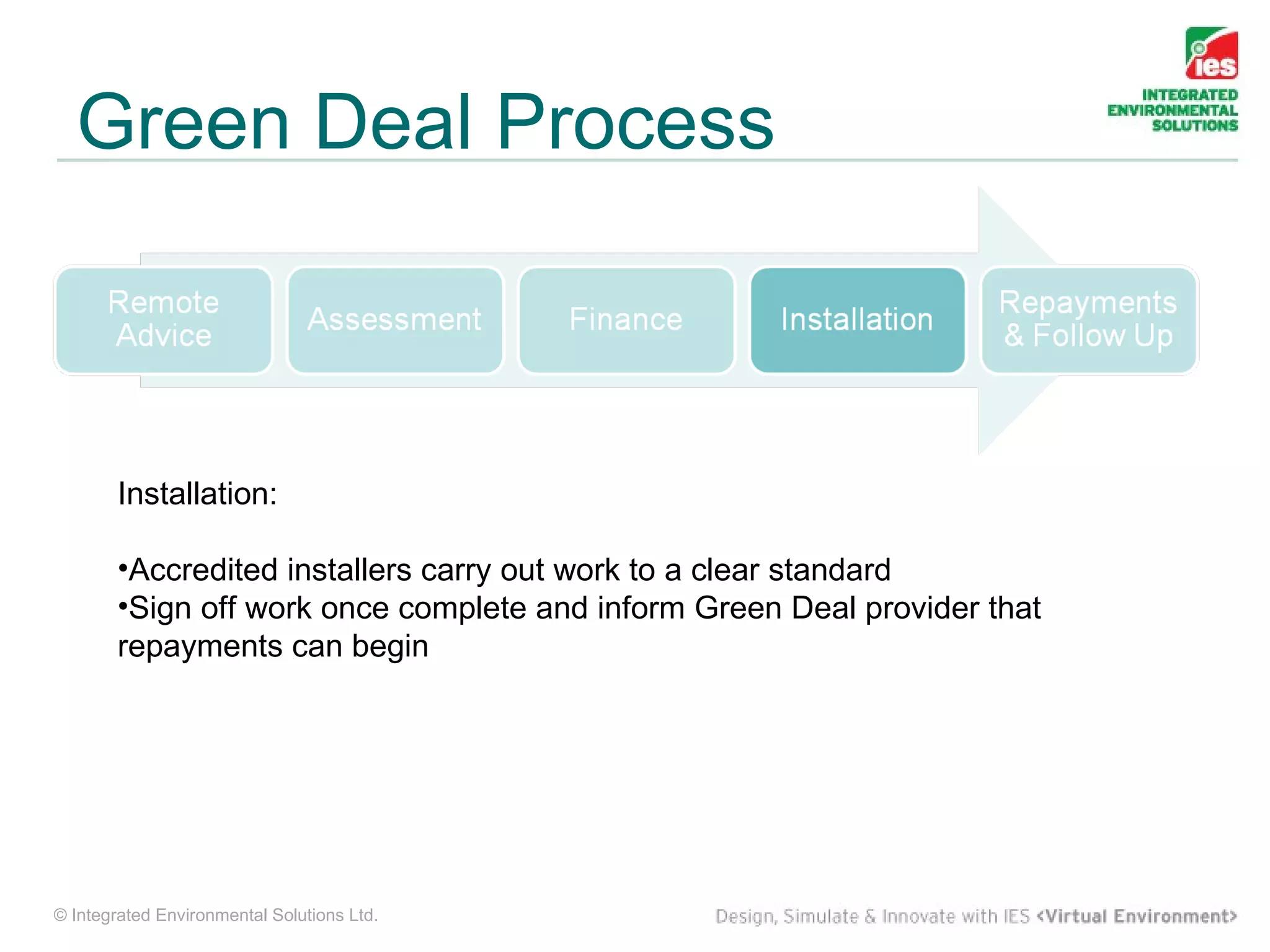 Green Deal Process



        Installation:

        •Accredited installers carry out work to a clear standard
        •Sign off work once complete and inform Green Deal provider that
        repayments can begin




© Integrated Environmental Solutions Ltd.
 