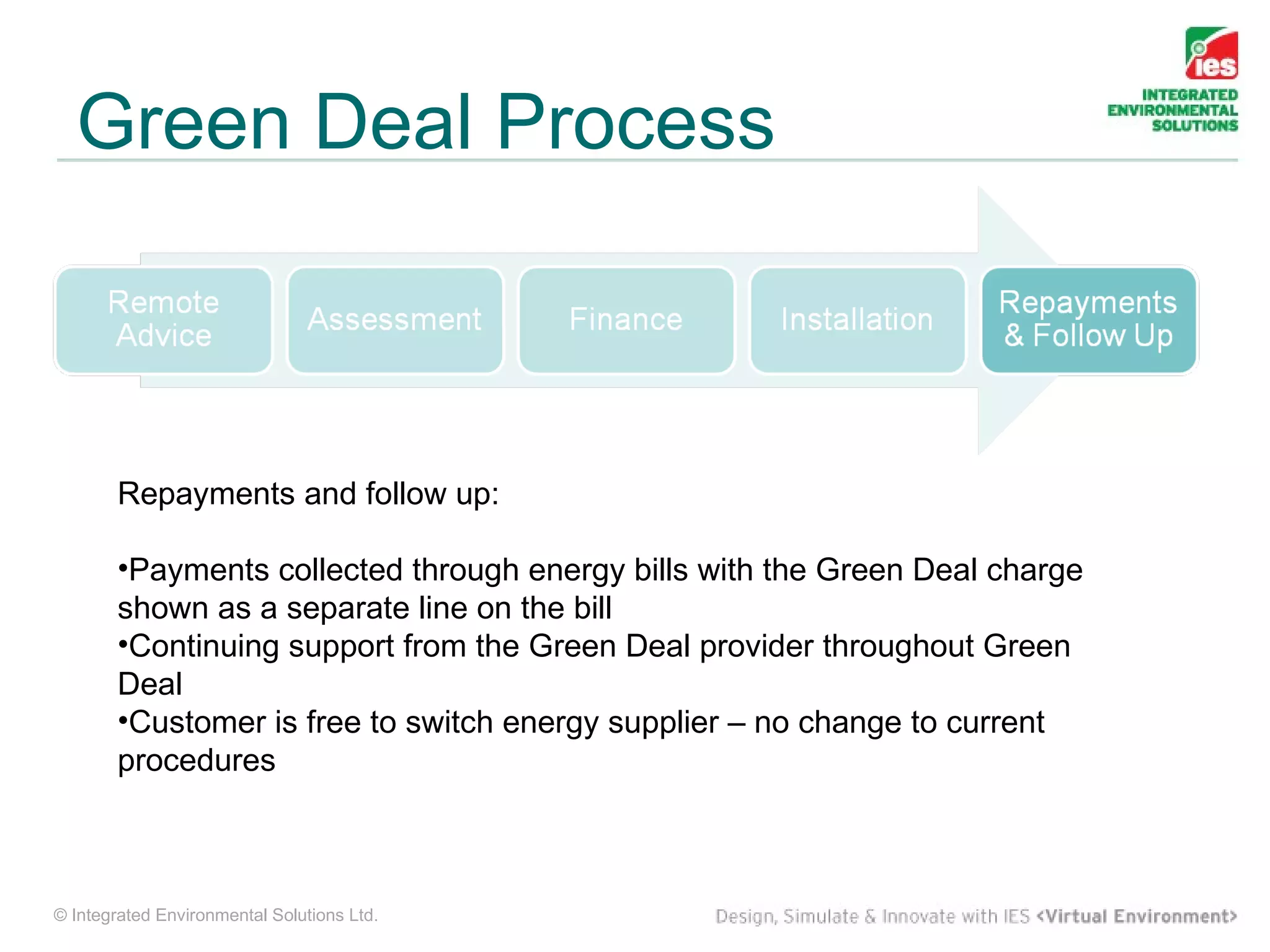Green Deal Process



        Repayments and follow up:

        •Payments collected through energy bills with the Green Deal charge
        shown as a separate line on the bill
        •Continuing support from the Green Deal provider throughout Green
        Deal
        •Customer is free to switch energy supplier – no change to current
        procedures



© Integrated Environmental Solutions Ltd.
 
