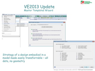 VE2013 Update
Master Templates Wizard

Strategy of a design embodied in a
model made easily transferrable – all
data, no geometry

 