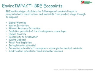 EnviroIMPACT– BRE Ecopoints
BRE methodology calculates the following environmental impacts
associated with construction and materials from product stage through
to disposal.

•
•
•
•
•
•
•
•
•
•
•

Global Warming
Water Extraction
Mineral Resource Extraction
Depletion potential of the stratospheric ozone layer
Human Toxicity
Ecotoxicity to freshwater
Waste Disposal
Fossil Fuel Depletion
Eutrophication potential
Formation potential of tropospheric ozone photochemical oxidants
Acidification potential of land and water sources

 