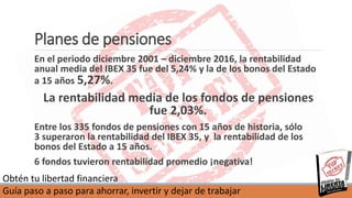 Obtén tu libertad financiera
Guía paso a paso para ahorrar, invertir y dejar de trabajar
Planes de pensiones
En el periodo...