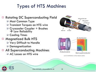 Types of HTS Machines Rotating DC Superconducting Field Most Common Type Transient Torques on HTS wire Cryocooler Coupler + Brushes    Low Reliability Cooling Times Magnetized Bulk HTS Very Difficult to Handle Demagnetization All Superconducting Machines AC Losses on HTS wire 