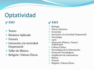 Optatividad
3º ESO 4º ESO
 Teatro
 Botánica Aplicada
 Francés
 Iniciación a la Actividad
Empresarial
 Taller de Música
 Religión /Valores Éticos
 Biología
 Física y Química
 Economía
 Iniciación a la Actividad Empresarial
 Tecnología
 Latín
 Educación Plástica, Visual y
Audiovisual
 Cultura Clásica
 Tecnologías de la Información
 Proyectos Tecnológicos
 Ampliación de matemáticas
 Música
 Francés
 Religión /Valores Éticos
 