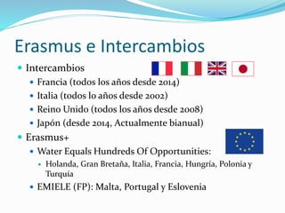 Erasmus e Intercambios
 Intercambios
 Francia (todos los años desde 2014)
 Italia (todos lo años desde 2002)
 Reino Unido (todos los años desde 2008)
 Japón (desde 2014, Actualmente bianual)
 Erasmus+
 Water Equals Hundreds Of Opportunities:
 Holanda, Gran Bretaña, Italia, Francia, Hungría, Polonia y
Turquía
 EMIELE (FP): Malta, Portugal y Eslovenia
 