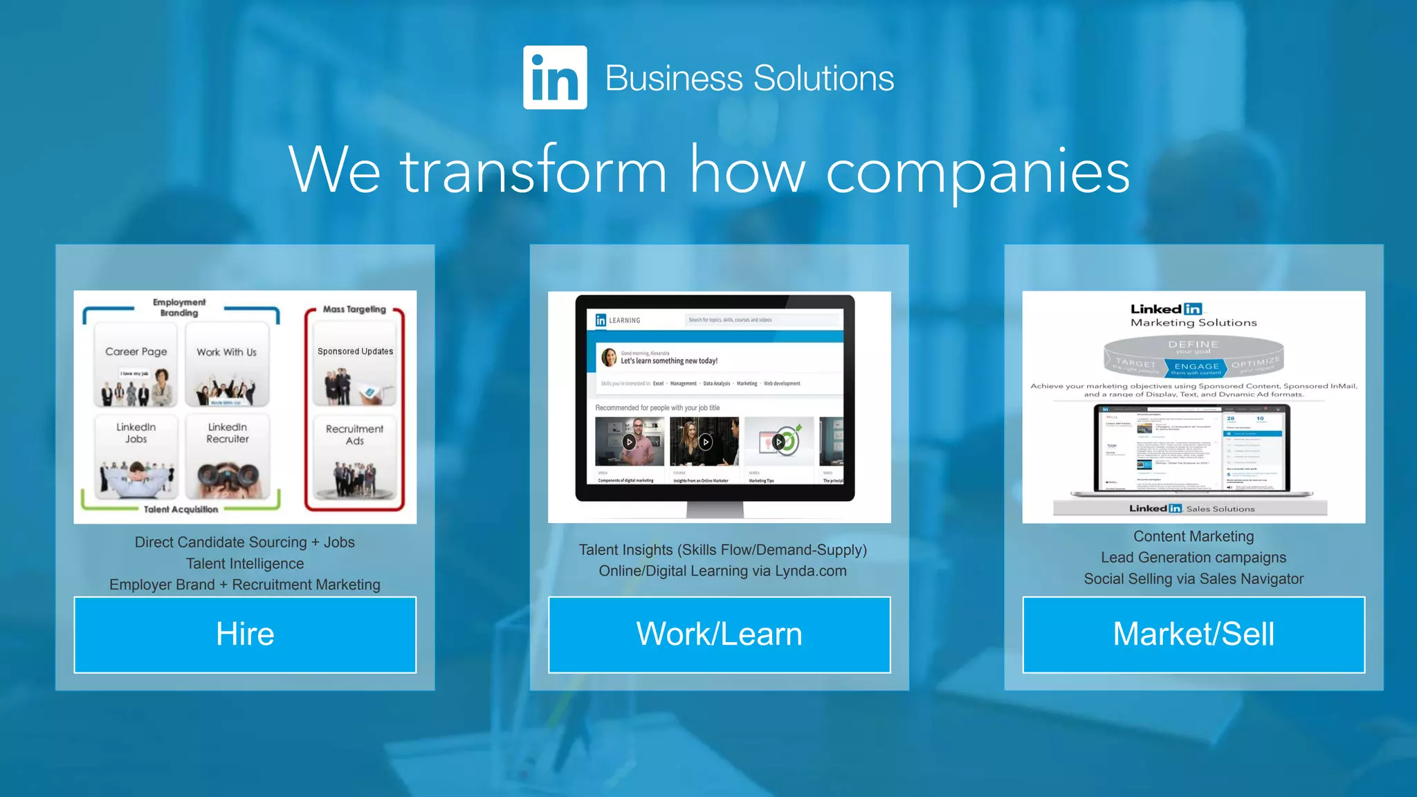 Hire
Direct Candidate Sourcing + Jobs
Talent Intelligence
Employer Brand + Recruitment Marketing
Work/Learn
Talent Insights (Skills Flow/Demand-Supply)
Online/Digital Learning via Lynda.com
Market/Sell
Content Marketing
Lead Generation campaigns
Social Selling via Sales Navigator
 