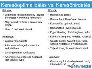 Keresőoptimalizálás vs. Keresőhirdetés
Előnyök:
 Leginkább költség hatékony (kezdeti
befektetés + minimális fenntartás)
 Nagy presztízs érték a találati lista
elején
 Hosszú távú eredmények
Hátrányok:
 Lassan változtatható
 A hirdetés szövege korlátozottan
változtatható
 Landing oldalak korlátozása
 Az eredmények beérése hosszabb
időt vesz igénybe
Előnyök:
 Halálpontos célzás
 Csak a „kattintások” után fizetünk
 Konverzióra optimalizálható
 Remarketing (nyomkövetés)
 Egyedi landing oldalak (ajánlat, sales..)
 Korlátlan kampány, hirdetés, kulcsszó
 Google display hálózat: kép, videó,
szöveg hirdetések a weboldalakon
 Teljes költség és eredmény kontroll
Hátrányok:
 Csak addig futnak a hirdetések, amíg
kitart a büdzsé
 
