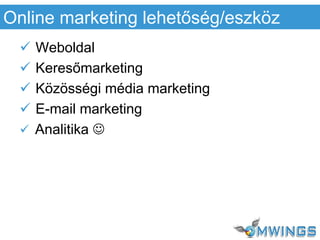  Weboldal
 Keresőmarketing
 Közösségi média marketing
 E-mail marketing
 Analitika 
Online marketing lehetőség/eszköz
 