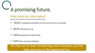 A promising future.
How smart are cities today?
 62,2% is studying the possibilities and the costs of smart city concepts.
 18,7% initial pilots set-up.
 13,9 full deployments implemented.
 5,5% follow up projects deployed.
Based on Cisco and Smart City Counsel November 2014 Survey
All cities are at least considering smart concepts, but the
high cost price is the biggest barrier.
 