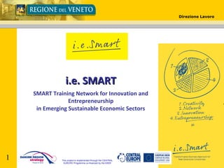 Direzione Lavoro

i.e. SMART
SMART Training Network for Innovation and
Entrepreneurship
in Emerging Sustainable Economic Sectors

1

This project is implemented through the CENTRAL
EUROPE Programme co-financed by the ERDF

 