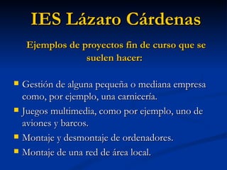 Gestión de alguna pequeña o mediana empresa como, por ejemplo, una carnicería. Juegos multimedia, como por ejemplo, uno de aviones y barcos. Montaje y desmontaje de ordenadores. Montaje de una red de área local. IES Lázaro Cárdenas Ejemplos de proyectos fin de curso que se suelen hacer: 