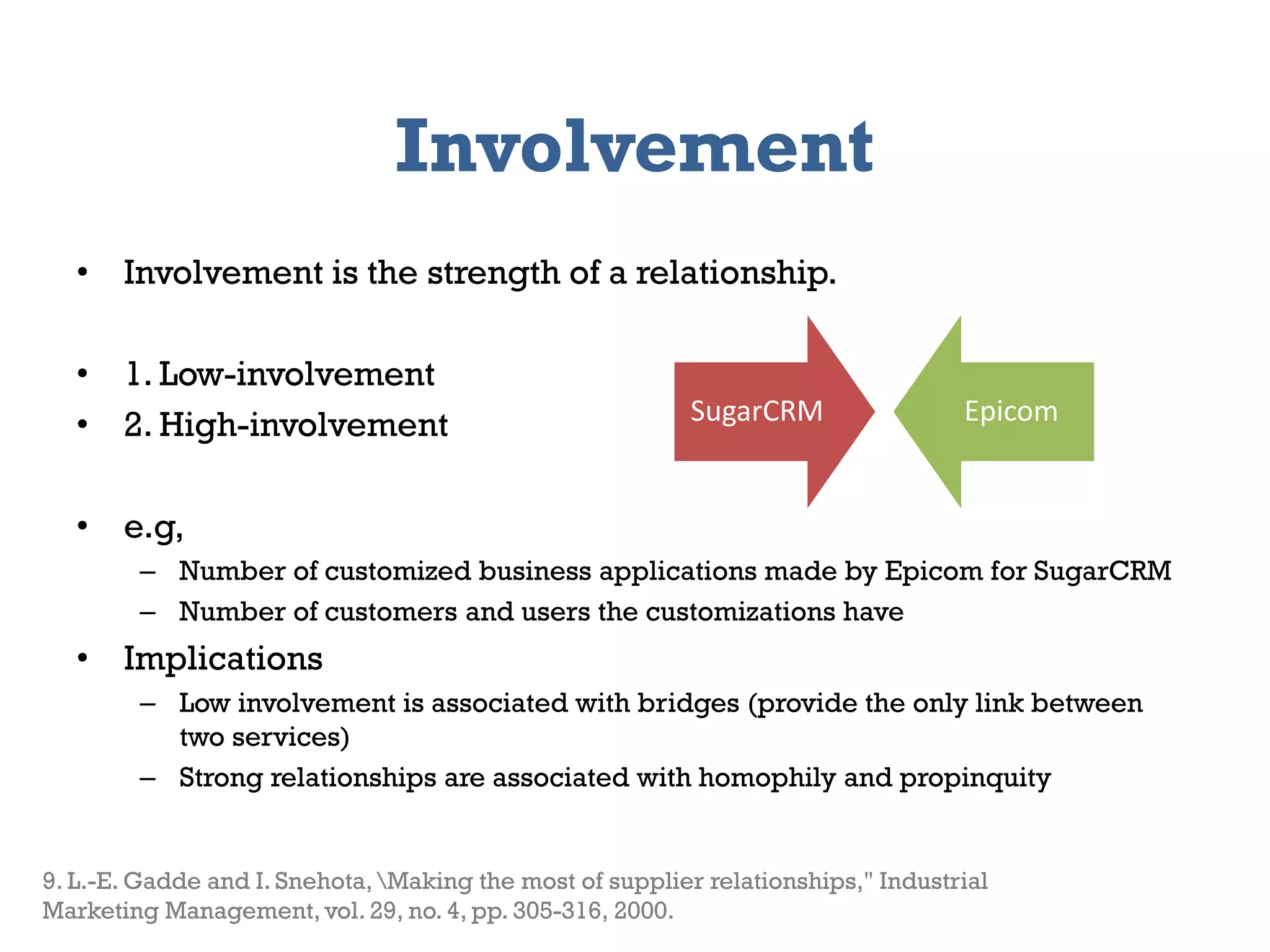 Involvement
   • Involvement is the strength of a relationship.

   • 1. Low-involvement
   • 2. High-involvement                                  SugarCRM                 Epicom


   • e.g,
        – Number of customized business applications made by Epicom for SugarCRM
        – Number of customers and users the customizations have
   • Implications
        – Low involvement is associated with bridges (provide the only link between
          two services)
        – Strong relationships are associated with homophily and propinquity


9. L.-E. Gadde and I. Snehota, Making the most of supplier relationships," Industrial
Marketing Management, vol. 29, no. 4, pp. 305-316, 2000. Service System Research
    2013                    Genessiz: Center for Large-Scale                                21
 