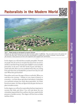 Pastoralists
in
the
Modern
World
97
P
P
P
P
Pastoralists in the Modern W
astoralists in the Modern W
astoralists in the Modern W
astoralists in the Modern W
astoralists in the Modern World
orld
orld
orld
orld
In this chapter you will read about nomadic pastoralists. Nomads
are people who do not live in one place but move from one area to
anothertoearntheirliving.InmanypartsofIndiawecanseenomadic
pastoralists on the move with their herds of goats and sheep, or
camels and cattle. Have you ever wondered where they are coming
from and where they are headed? Do you know how they live and
earn? What their past has been?
Pastoralists rarely enter the pages of history textbooks. When you
read about the economy – whether in your classes of history or
economics – you learn about agriculture and industry. Sometimes
you read about artisans; but rarely about pastoralists. As if their
lives do not matter. As if they are figures from the past who have no
place in modern society.
In this chapter you will see how pastoralism has been important in
societies like India and Africa. You will read about the way
colonialism impacted their lives, and how they have coped with the
pressures of modern society. The chapter will first focus on India
and then Africa.
Pastoralists
in
the
Modern
World
Fig.1 – Sheep grazing on the Bugyals of eastern Garhwal.
Bugyals are vast natural pastures on the high mountains, above 12,000 feet. They are under snow in the winter and
come to life after April. At this time the entire mountainside is covered with a variety of grasses, roots and herbs.
By monsoon, these pastures are thick with vegetation and carpeted with wild flowers.
Chapter
V
2020-21
 